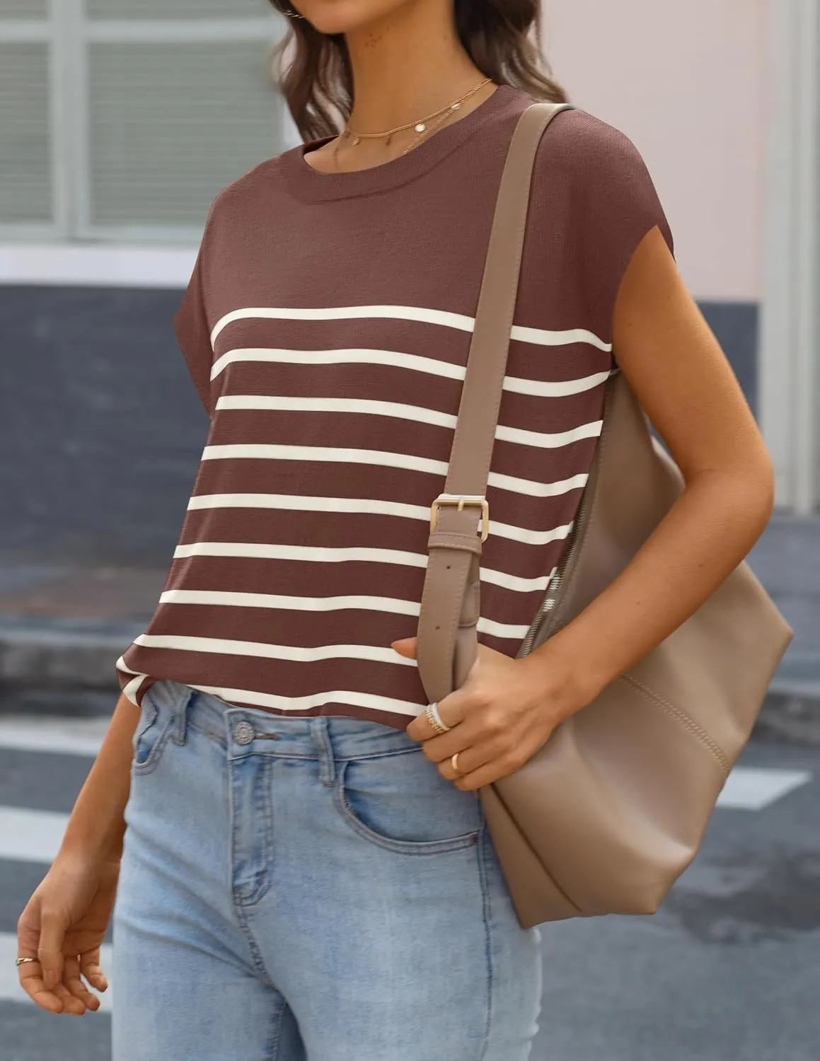 MIROL Women's Cap Sleeve Striped Tops 2025 Batwing Short Sleeve Summer Crewneck Tee Knit Casual Loose Shirts