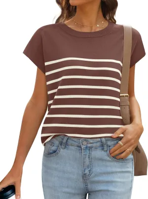 MIROL Women's Cap Sleeve Striped Tops 2025 Batwing Short Sleeve Summer Crewneck Tee Knit Casual Loose Shirts