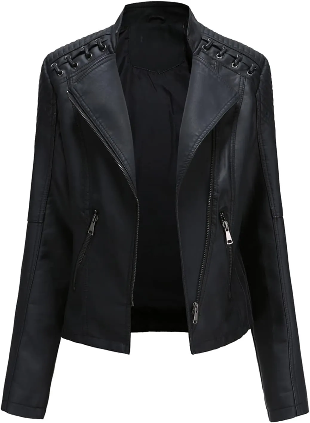 MODFUL Women's Faux Leather Moto Jacket Casual Short Solid Color PU Biker Coat with Pockets