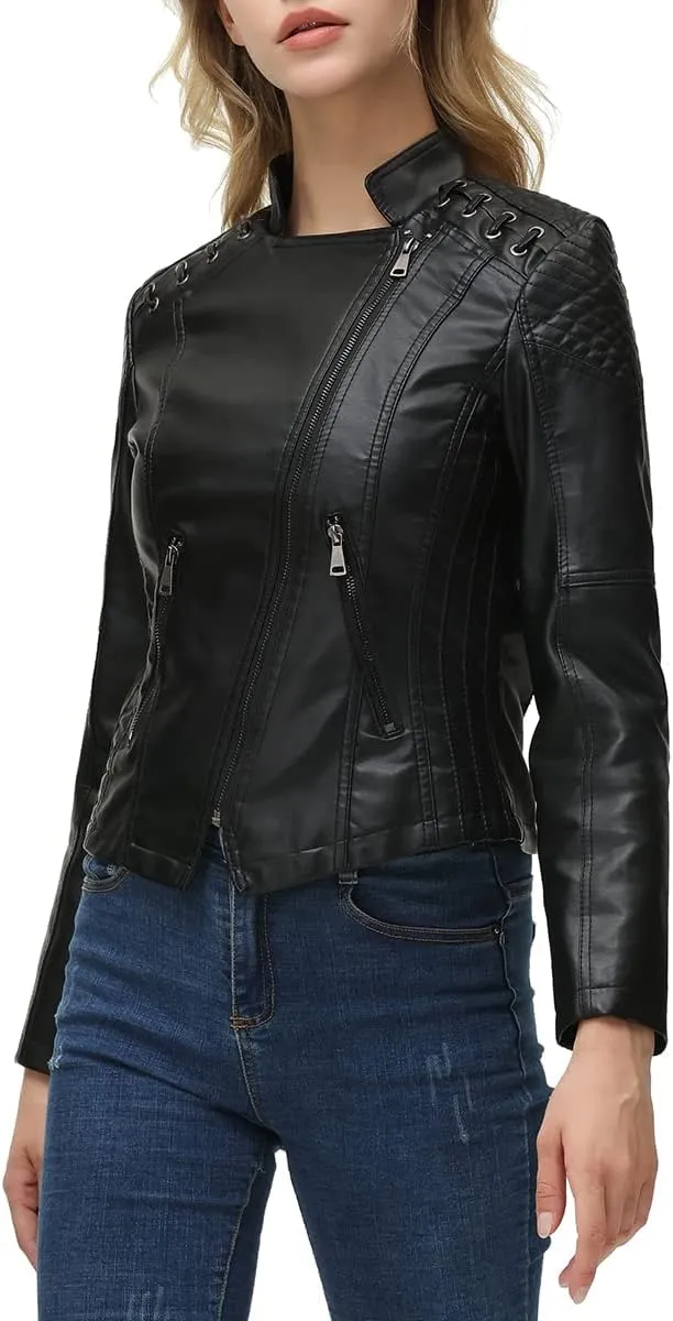 MODFUL Women's Faux Leather Moto Jacket Casual Short Solid Color PU Biker Coat with Pockets