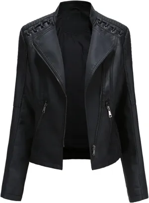 MODFUL Women's Faux Leather Moto Jacket Casual Short Solid Color PU Biker Coat with Pockets