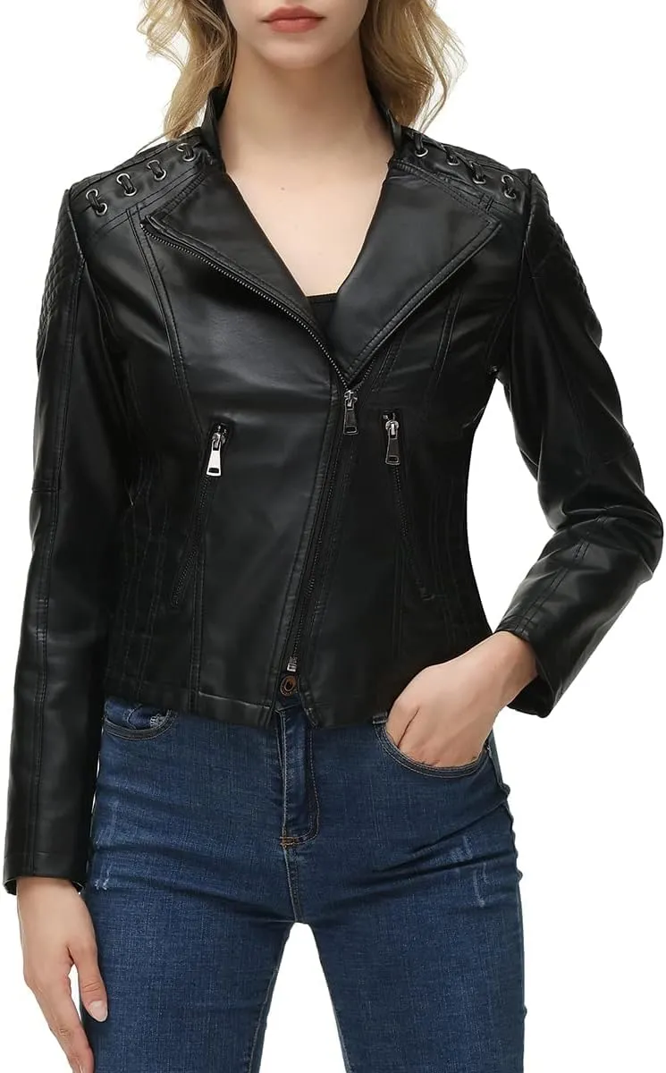 MODFUL Women's Faux Leather Moto Jacket Casual Short Solid Color PU Biker Coat with Pockets