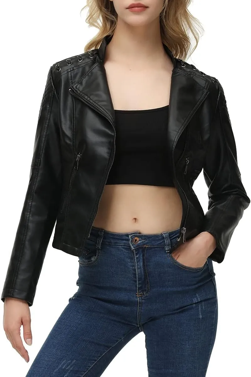 MODFUL Women's Faux Leather Moto Jacket Casual Short Solid Color PU Biker Coat with Pockets