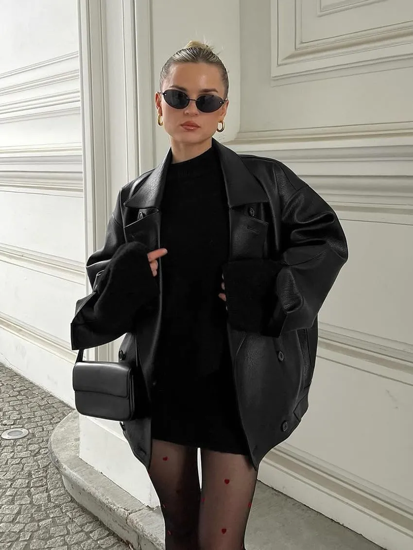 Molilove Womens Faux Leather Jacket Button Down Oversized Motorcycle Bomber Jacket Fall Fashion Winter Coat Outerwear