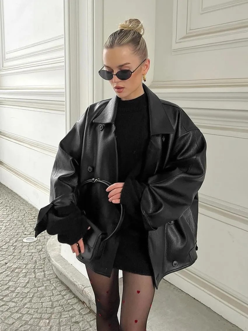 Molilove Womens Faux Leather Jacket Button Down Oversized Motorcycle Bomber Jacket Fall Fashion Winter Coat Outerwear