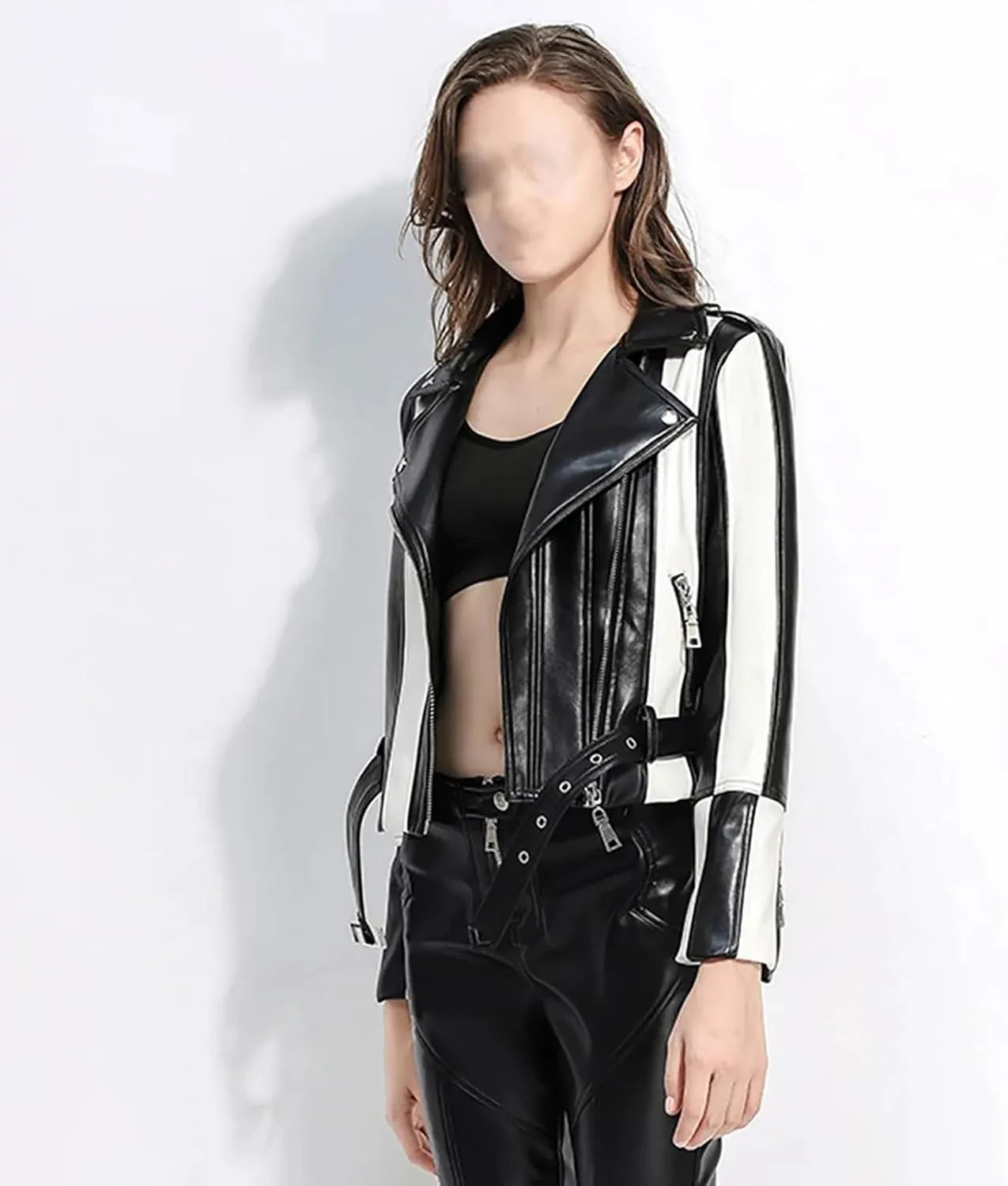 Motorcycle Leather Jacket Wear Black White Stripes Women Biker Coat Classic Slim Fit Rivet Outwear Casual Lapel Streetwear
