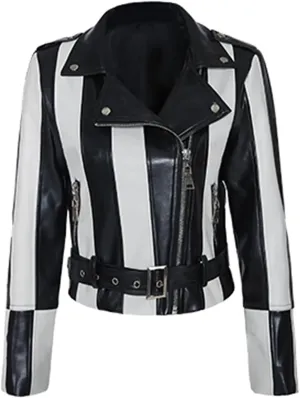 Motorcycle Leather Jacket Wear Black White Stripes Women Biker Coat Classic Slim Fit Rivet Outwear Casual Lapel Streetwear