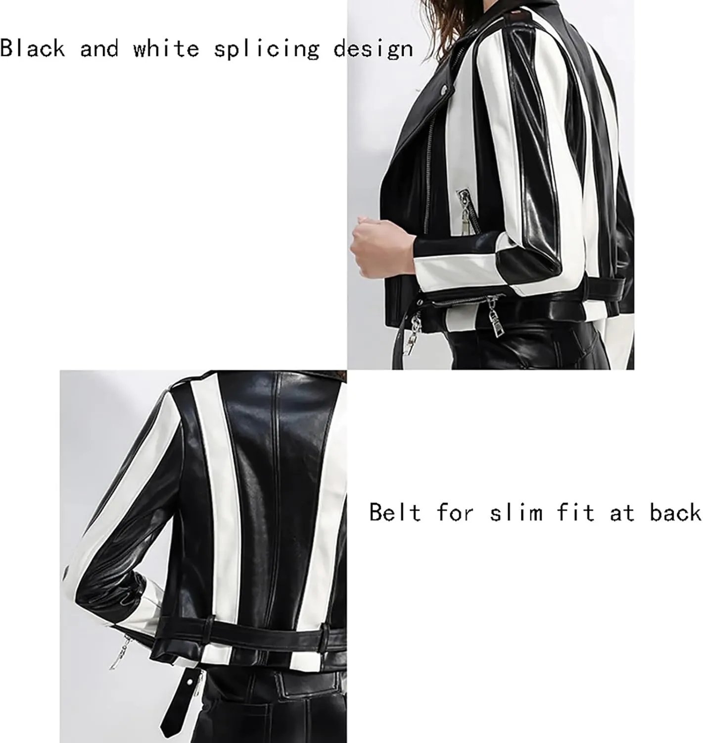 Motorcycle Leather Jacket Wear Black White Stripes Women Biker Coat Classic Slim Fit Rivet Outwear Casual Lapel Streetwear