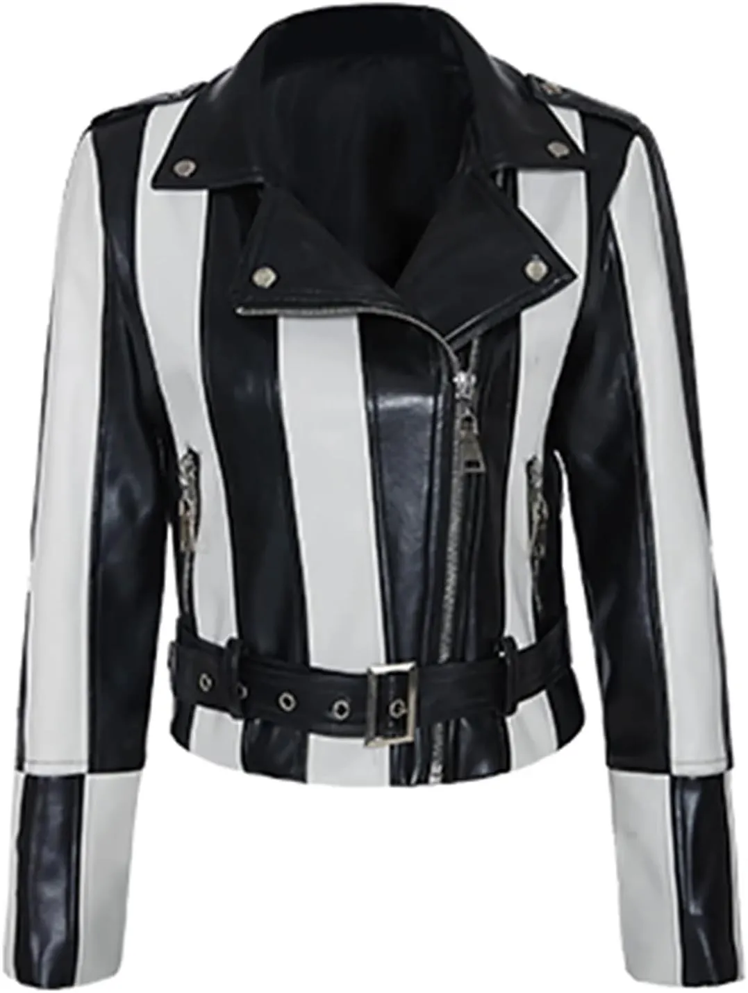 Motorcycle Leather Jacket Wear Black White Stripes Women Biker Coat Classic Slim Fit Rivet Outwear Casual Lapel Streetwear