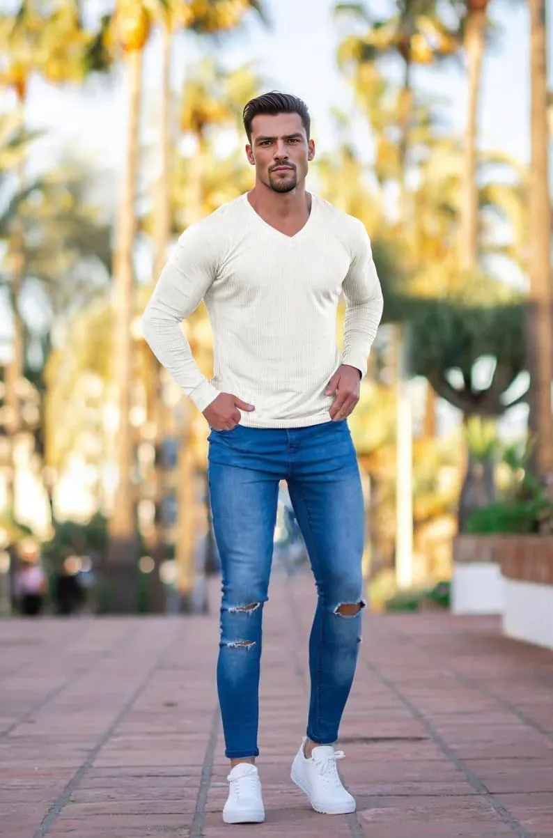 Muscle Cmdr Slim Fit V Neck Long Sleeve Muscle Thermal T Shirt Casual Ribbed Pullover Tee Lightweight Sweater Undershirts