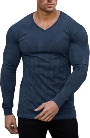 Muscle Cmdr Slim Fit V Neck Long Sleeve Muscle Thermal T Shirt Casual Ribbed Pullover Tee Lightweight Sweater Undershirts