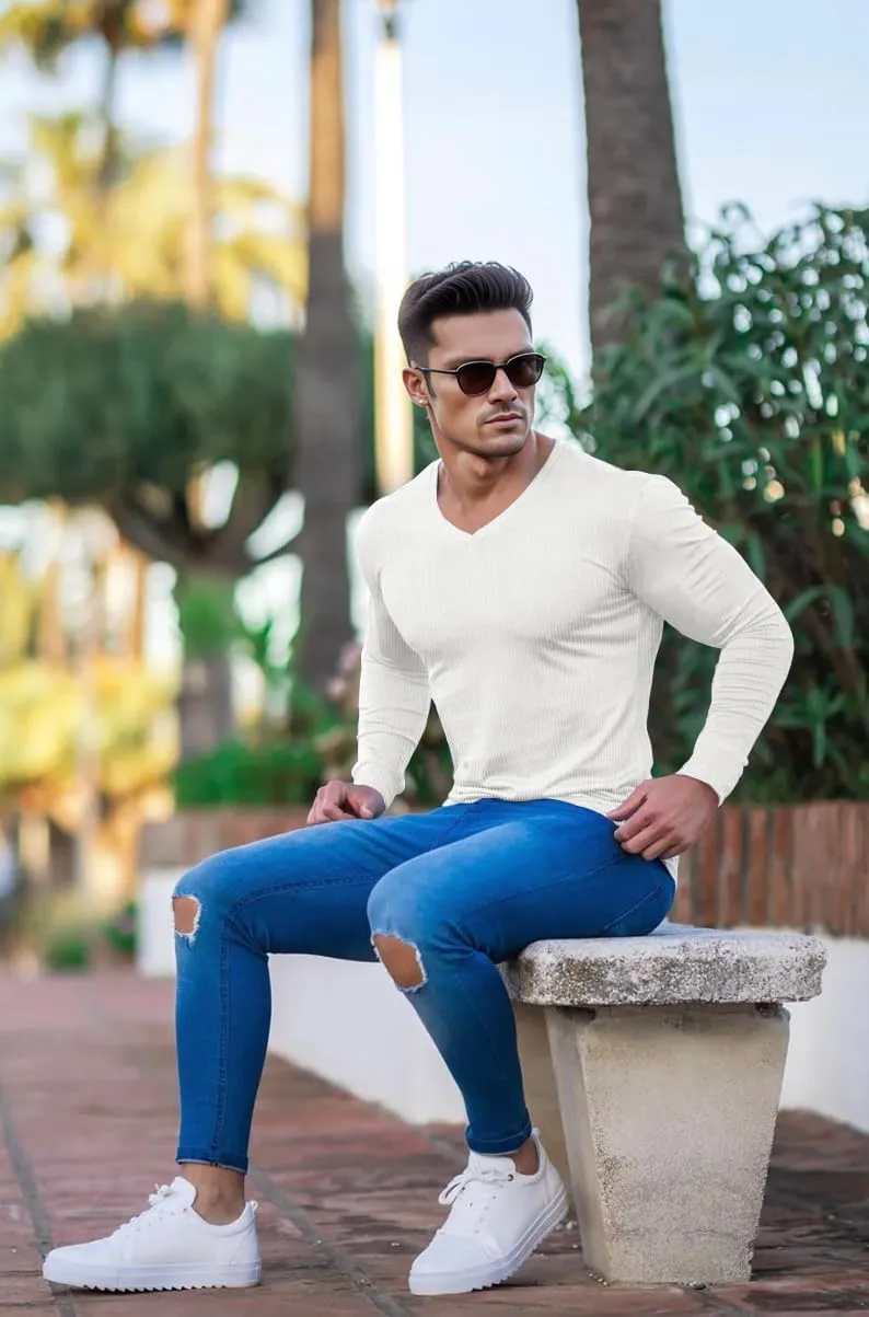 Muscle Cmdr Slim Fit V Neck Long Sleeve Muscle Thermal T Shirt Casual Ribbed Pullover Tee Lightweight Sweater Undershirts
