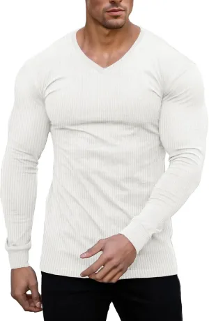 Muscle Cmdr Slim Fit V Neck Long Sleeve Muscle Thermal T Shirt Casual Ribbed Pullover Tee Lightweight Sweater Undershirts