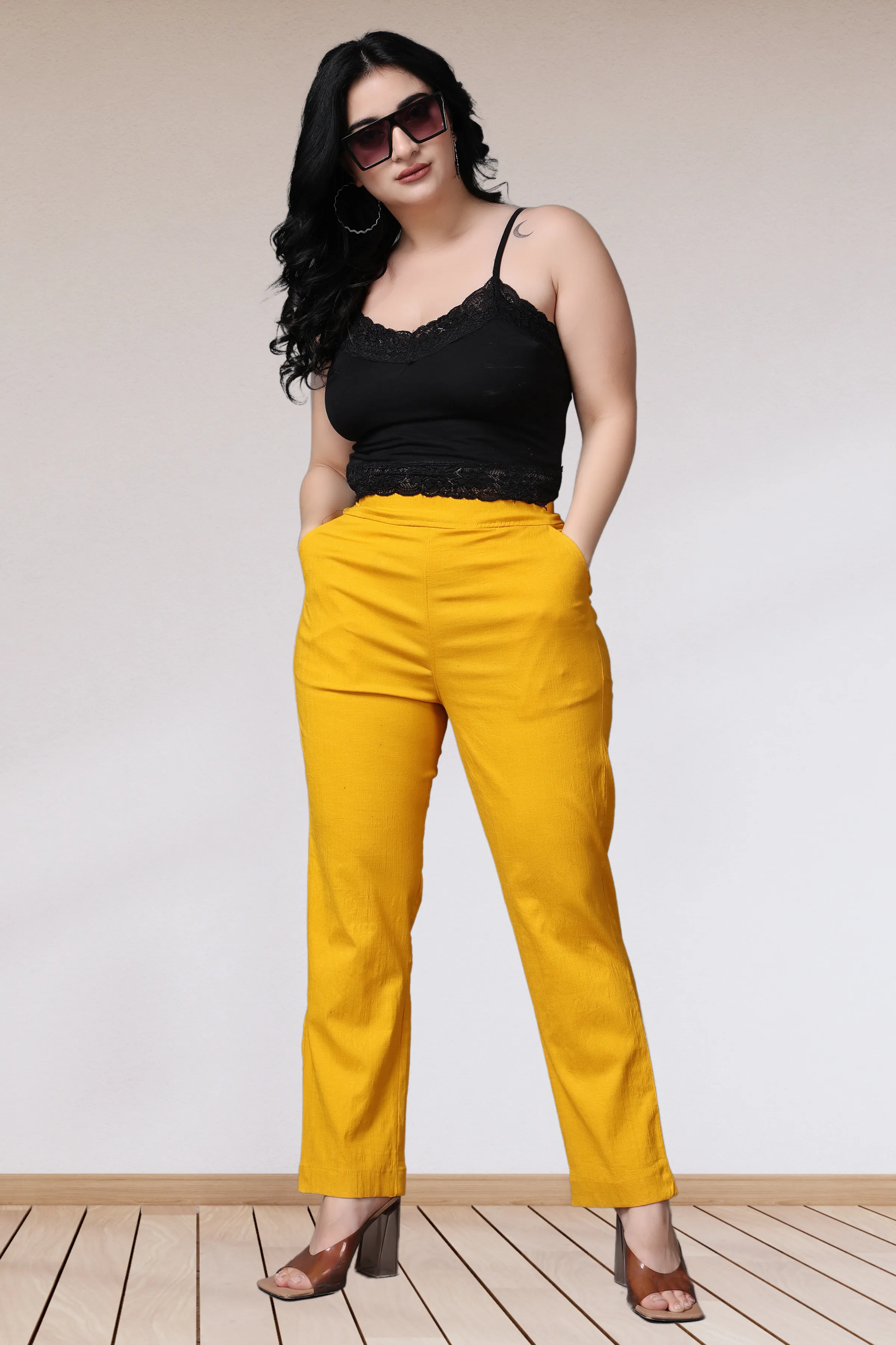 Mustard Lycra Slub Pants