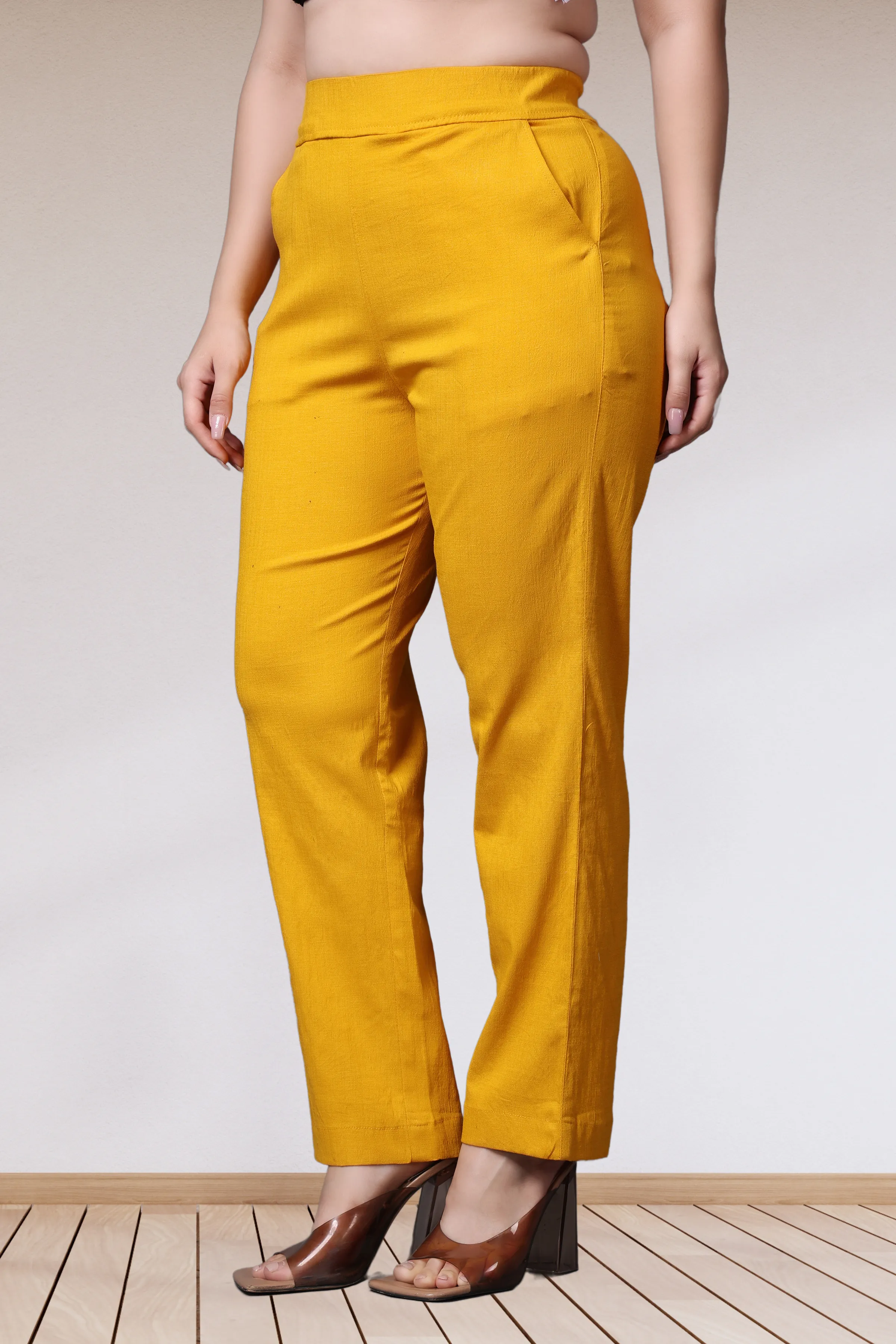 Mustard Lycra Slub Pants