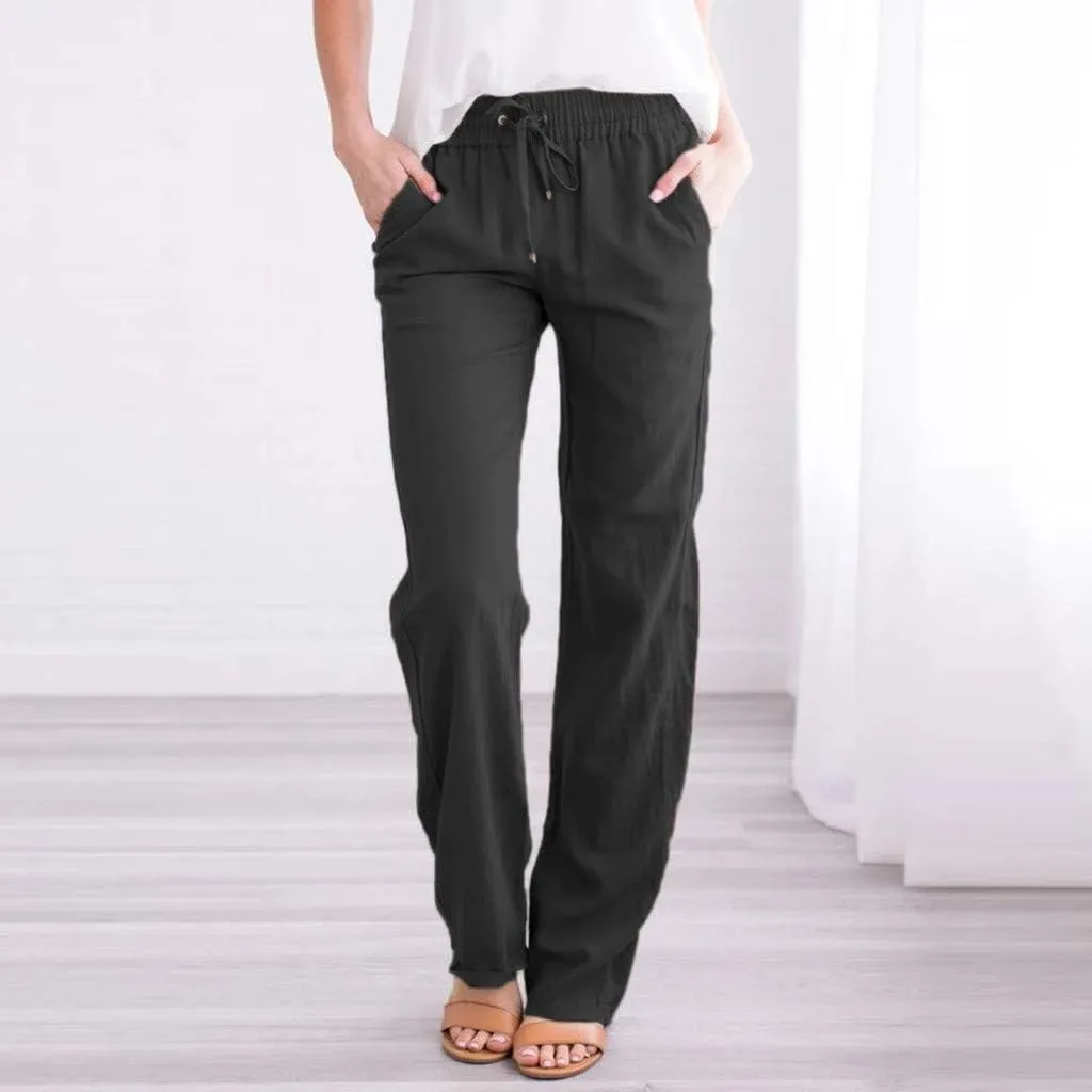 Muyise Womens Cotton Linen Casual Pants Straight Leg Drawstring Elastic High Waist Loose Comfy Palazzo Trousers with Pockets