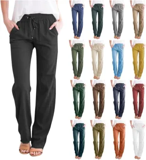 Muyise Womens Cotton Linen Casual Pants Straight Leg Drawstring Elastic High Waist Loose Comfy Palazzo Trousers with Pockets