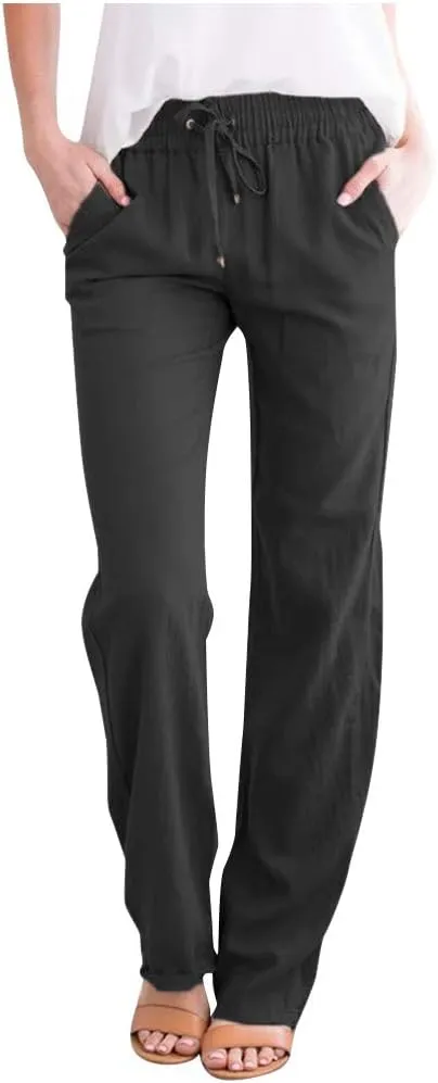Muyise Womens Cotton Linen Casual Pants Straight Leg Drawstring Elastic High Waist Loose Comfy Palazzo Trousers with Pockets
