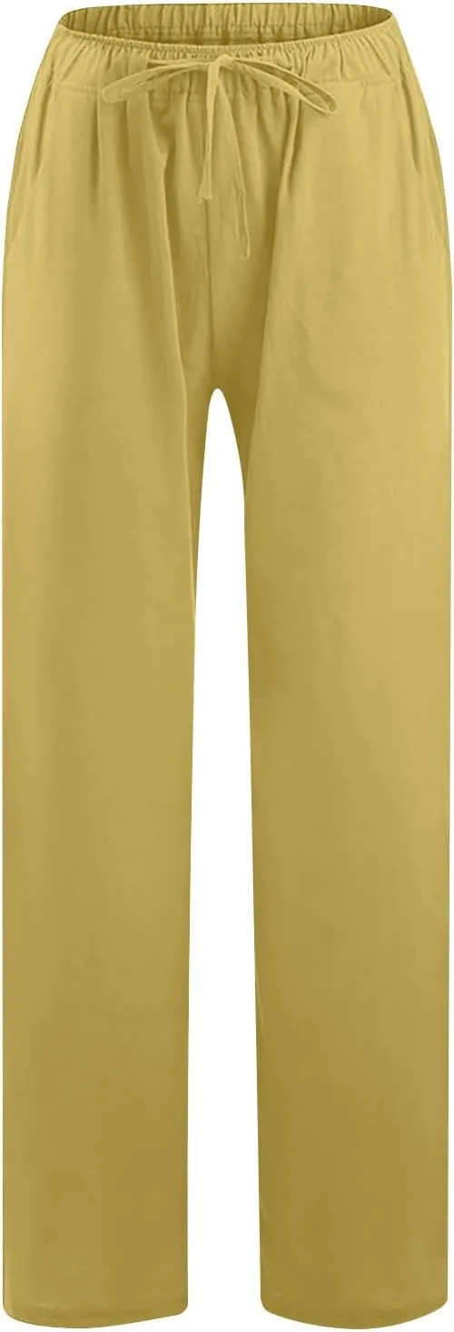 Mzkdieey Women's Summer Drawstring Waist Wide Leg Loose Cotton Linen Palazzo Pants Casual Lounge Yoga Trousers with Pockets