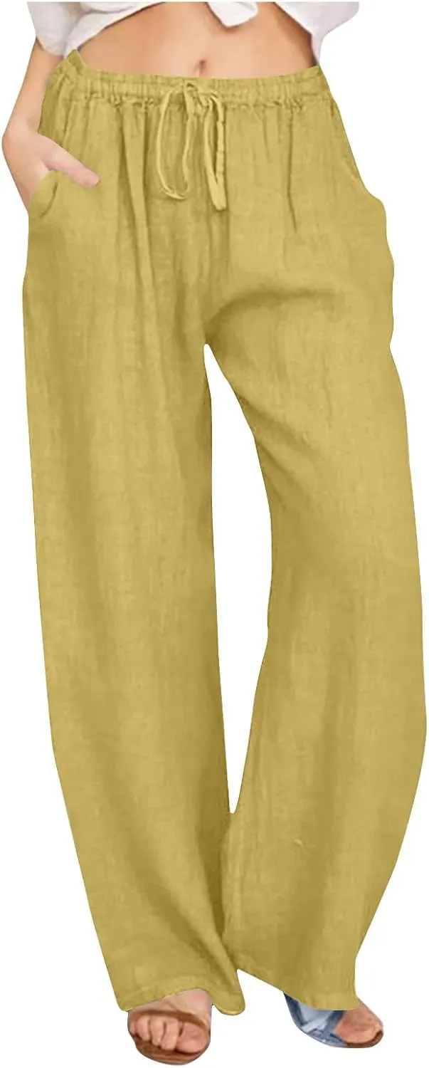 Mzkdieey Women's Summer Drawstring Waist Wide Leg Loose Cotton Linen Palazzo Pants Casual Lounge Yoga Trousers with Pockets
