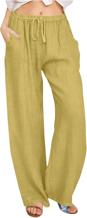 Mzkdieey Women's Summer Drawstring Waist Wide Leg Loose Cotton Linen Palazzo Pants Casual Lounge Yoga Trousers with Pockets