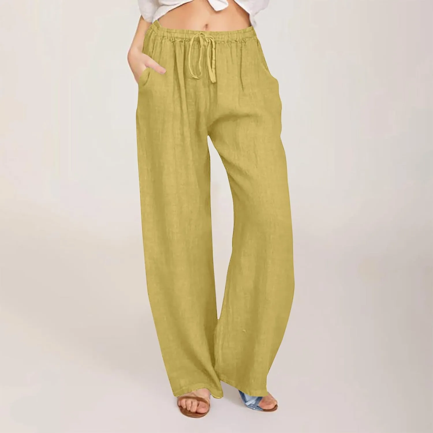 Mzkdieey Women's Summer Drawstring Waist Wide Leg Loose Cotton Linen Palazzo Pants Casual Lounge Yoga Trousers with Pockets