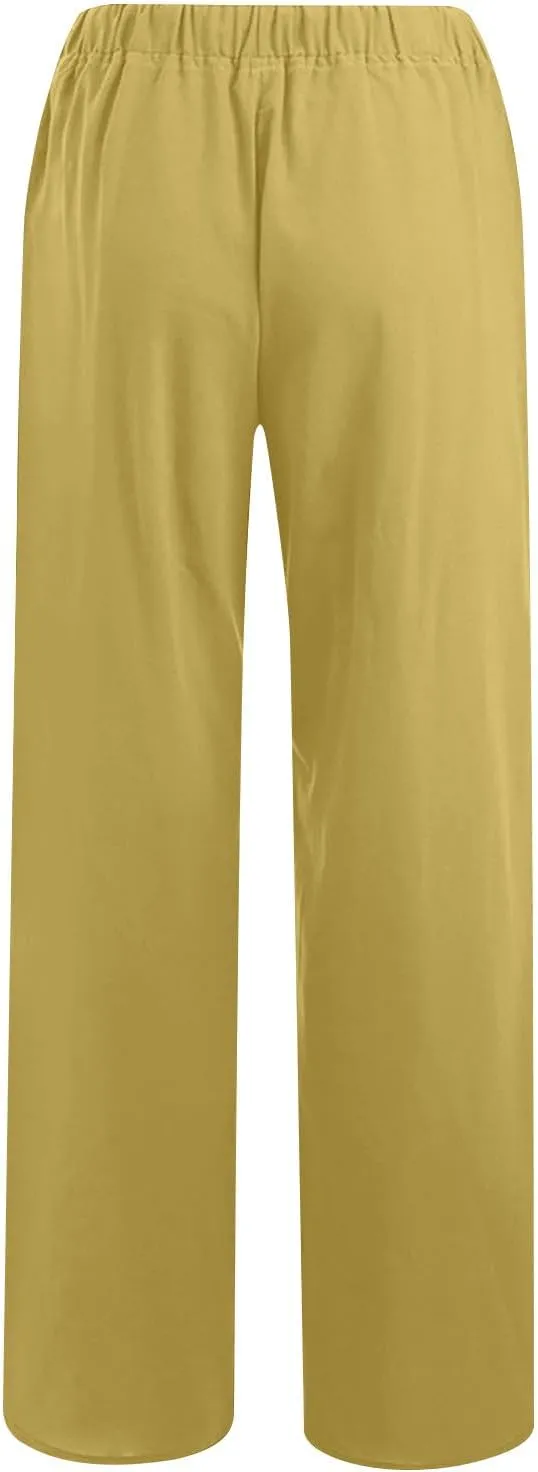 Mzkdieey Women's Summer Drawstring Waist Wide Leg Loose Cotton Linen Palazzo Pants Casual Lounge Yoga Trousers with Pockets