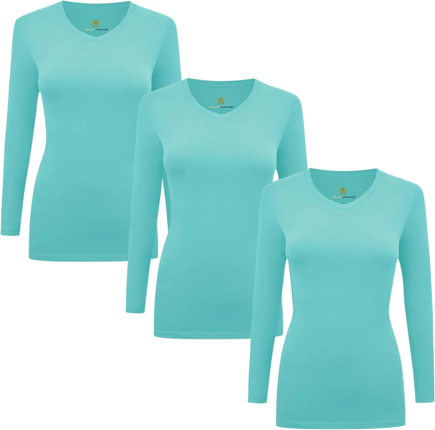 Natural Uniforms Women's Under Scrub Tee V-Neck Long Sleeve T-Shirt-3-Pack