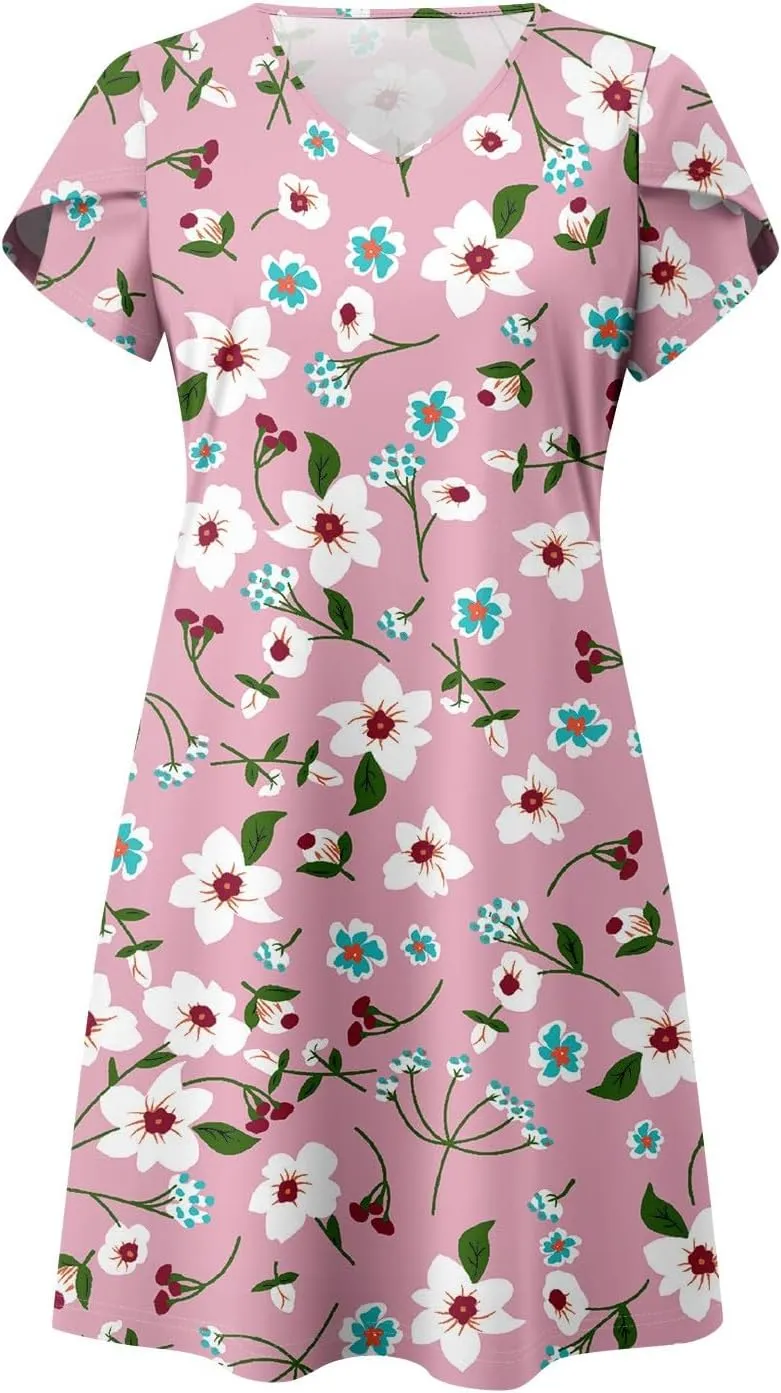 NBXNZWF Women's 2025 Casual Summer Dresses Short Sleeve V Neck Sundress Boho Floral Print Trendy Vacation Dress with Pockets