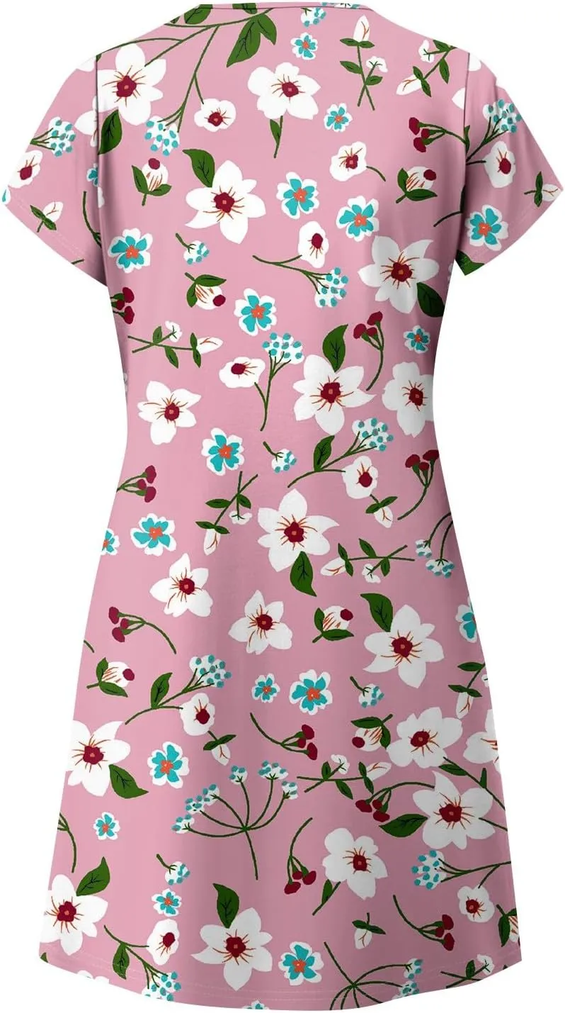 NBXNZWF Women's 2025 Casual Summer Dresses Short Sleeve V Neck Sundress Boho Floral Print Trendy Vacation Dress with Pockets