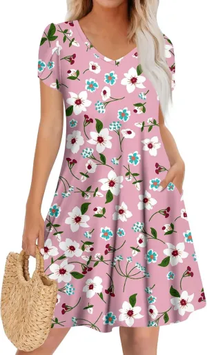 NBXNZWF Women's 2025 Casual Summer Dresses Short Sleeve V Neck Sundress Boho Floral Print Trendy Vacation Dress with Pockets