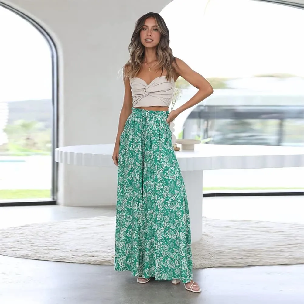 ODIZLI Women Palazzo Wide Leg Pant with Pockets Casual Loose Flowy Pants Solid Color/Floral Print