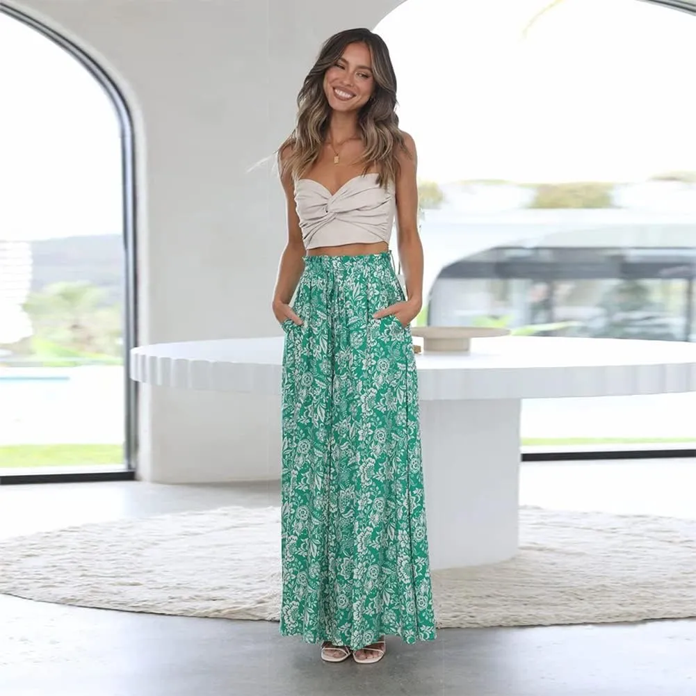 ODIZLI Women Palazzo Wide Leg Pant with Pockets Casual Loose Flowy Pants Solid Color/Floral Print
