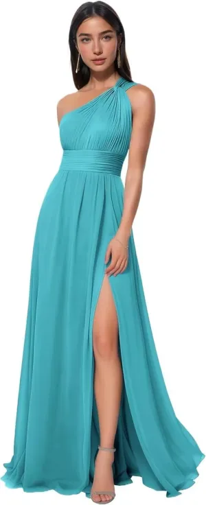 One Shoulder Bridesmaid Dresses Long with Slit Ruched Chiffon Formal Dresses for Women 2025 with Pockets