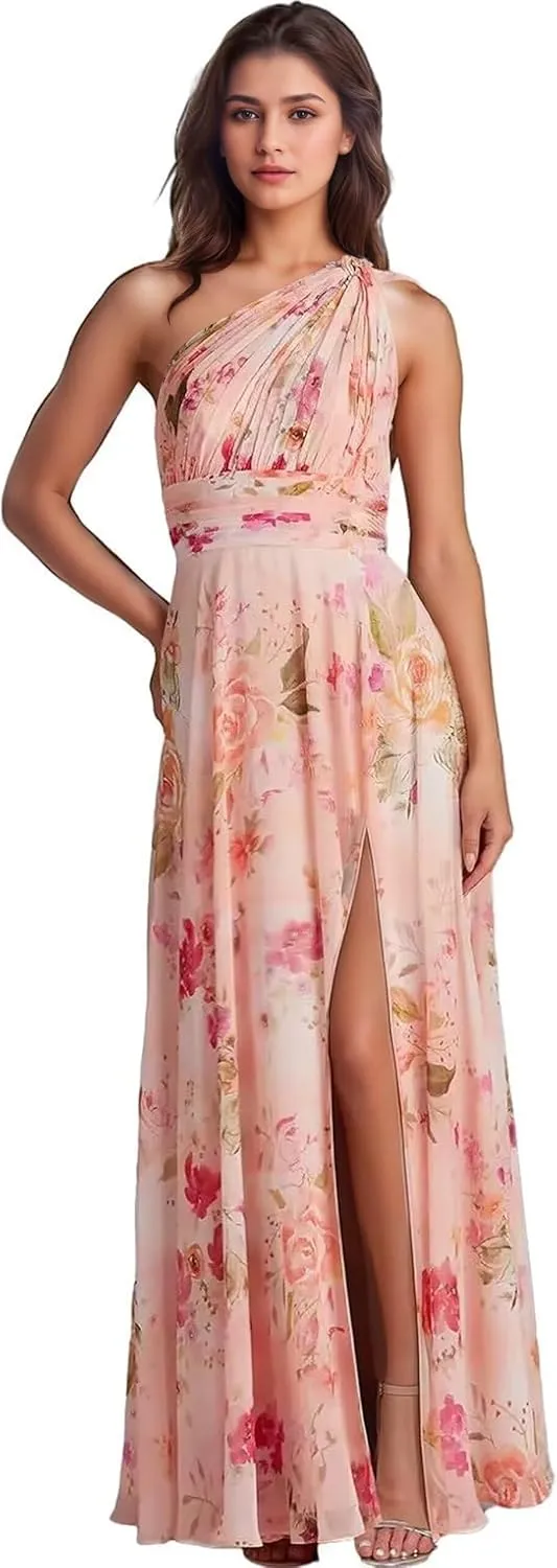 One Shoulder Bridesmaid Dresses Long with Slit Ruched Chiffon Formal Dresses for Women 2025 with Pockets