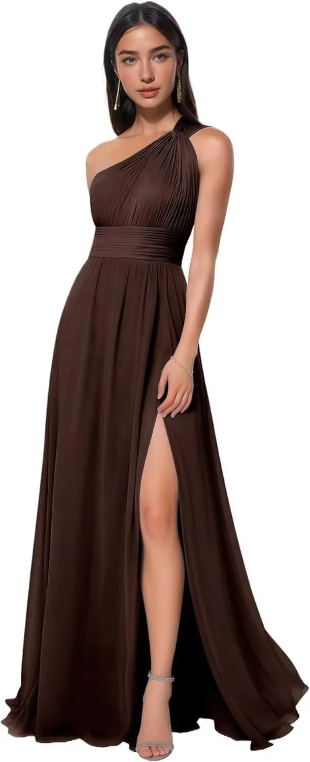 One Shoulder Bridesmaid Dresses Long with Slit Ruched Chiffon Formal Dresses for Women 2025 with Pockets