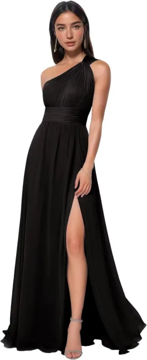 One Shoulder Bridesmaid Dresses Long with Slit Ruched Chiffon Formal Dresses for Women 2025 with Pockets