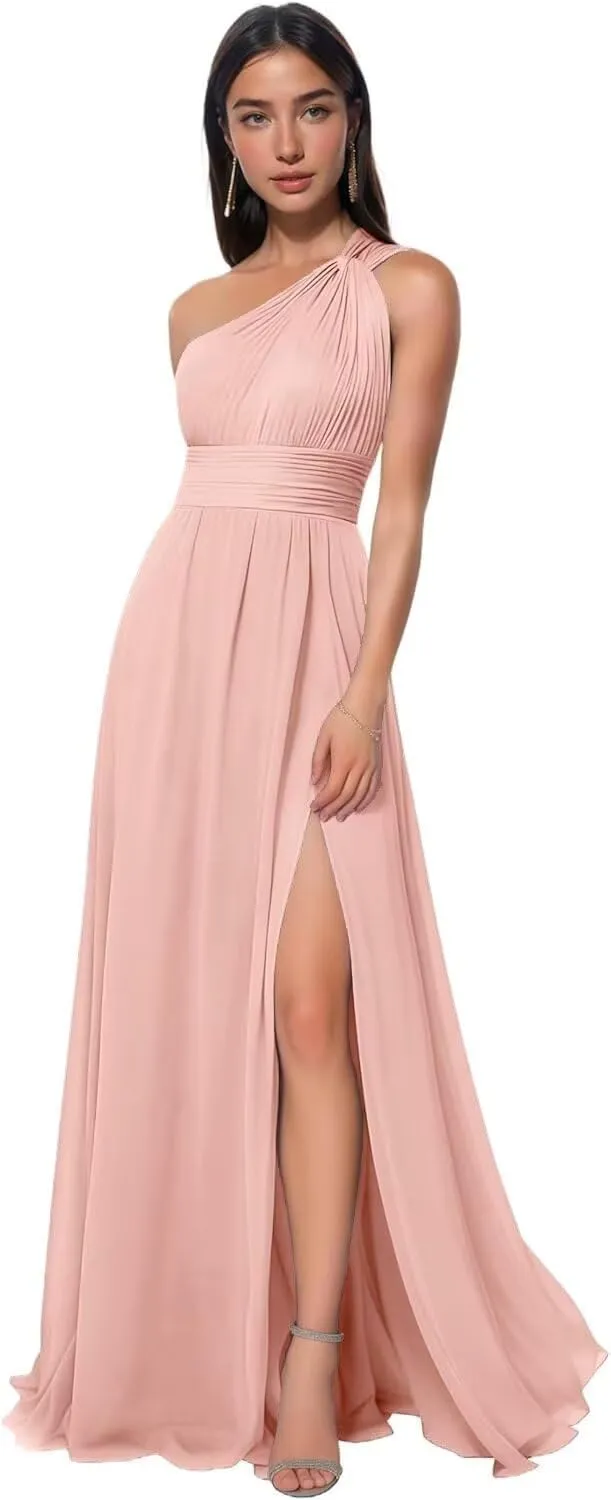 One Shoulder Bridesmaid Dresses Long with Slit Ruched Chiffon Formal Dresses for Women 2025 with Pockets