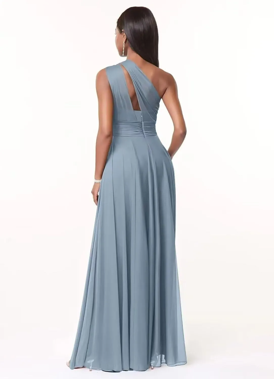 One Shoulder Bridesmaid Dresses Long with Slit Ruched Chiffon Formal Dresses for Women 2025 with Pockets
