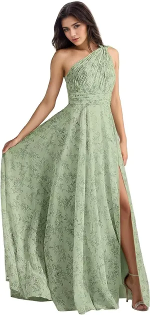 One Shoulder Bridesmaid Dresses Long with Slit Ruched Chiffon Formal Dresses for Women 2025 with Pockets