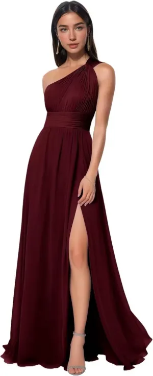 One Shoulder Bridesmaid Dresses Long with Slit Ruched Chiffon Formal Dresses for Women 2025 with Pockets