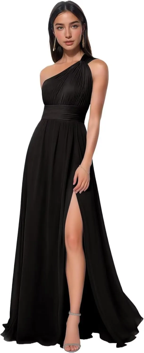 One Shoulder Bridesmaid Dresses Long with Slit Ruched Chiffon Formal Dresses for Women 2025 with Pockets