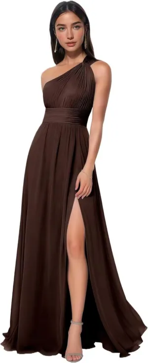One Shoulder Bridesmaid Dresses Long with Slit Ruched Chiffon Formal Dresses for Women 2025 with Pockets