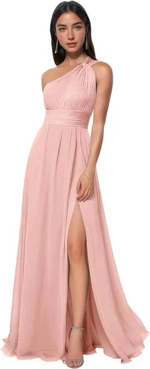 One Shoulder Bridesmaid Dresses Long with Slit Ruched Chiffon Formal Dresses for Women 2025 with Pockets