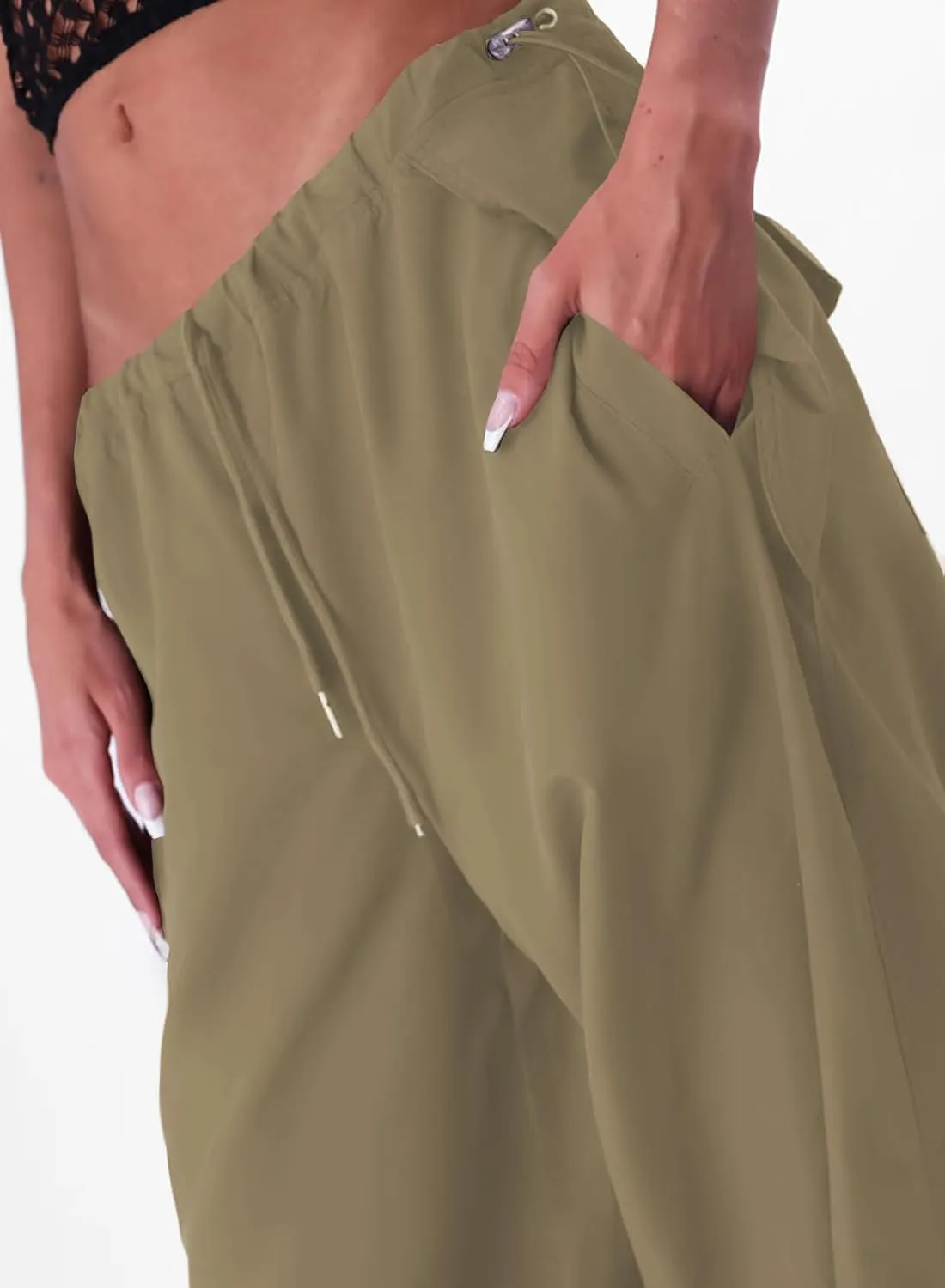 ONIRIKE Womens Parachute Pants Drawstring Elastic Low Waist Sweatpants Loose Baggy Y2K Cargo Pants Trousers with Pockets