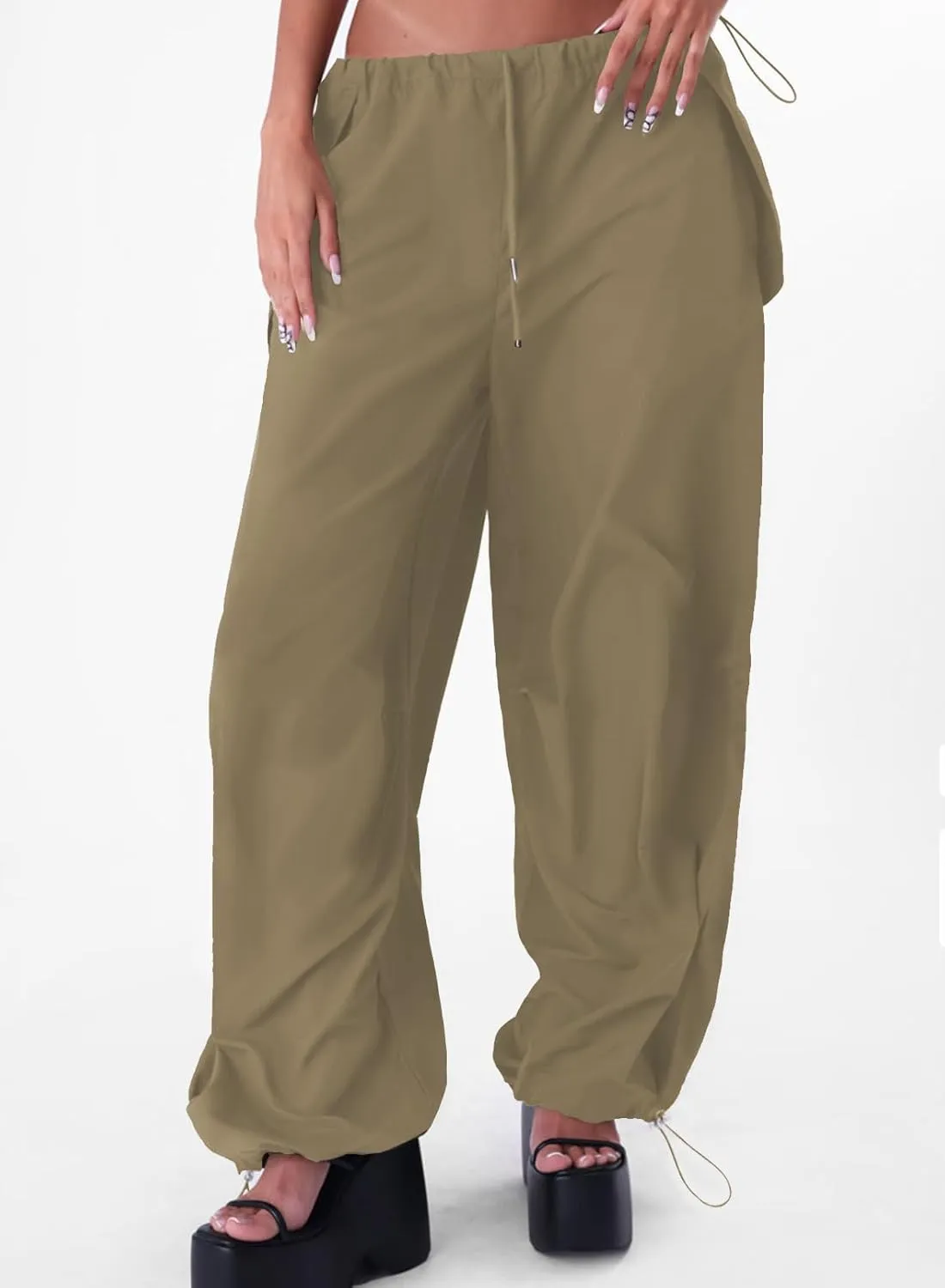 ONIRIKE Womens Parachute Pants Drawstring Elastic Low Waist Sweatpants Loose Baggy Y2K Cargo Pants Trousers with Pockets