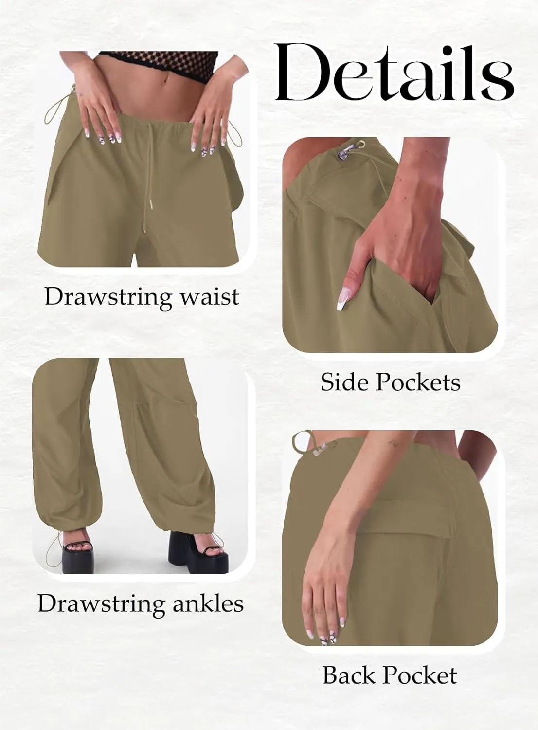 ONIRIKE Womens Parachute Pants Drawstring Elastic Low Waist Sweatpants Loose Baggy Y2K Cargo Pants Trousers with Pockets
