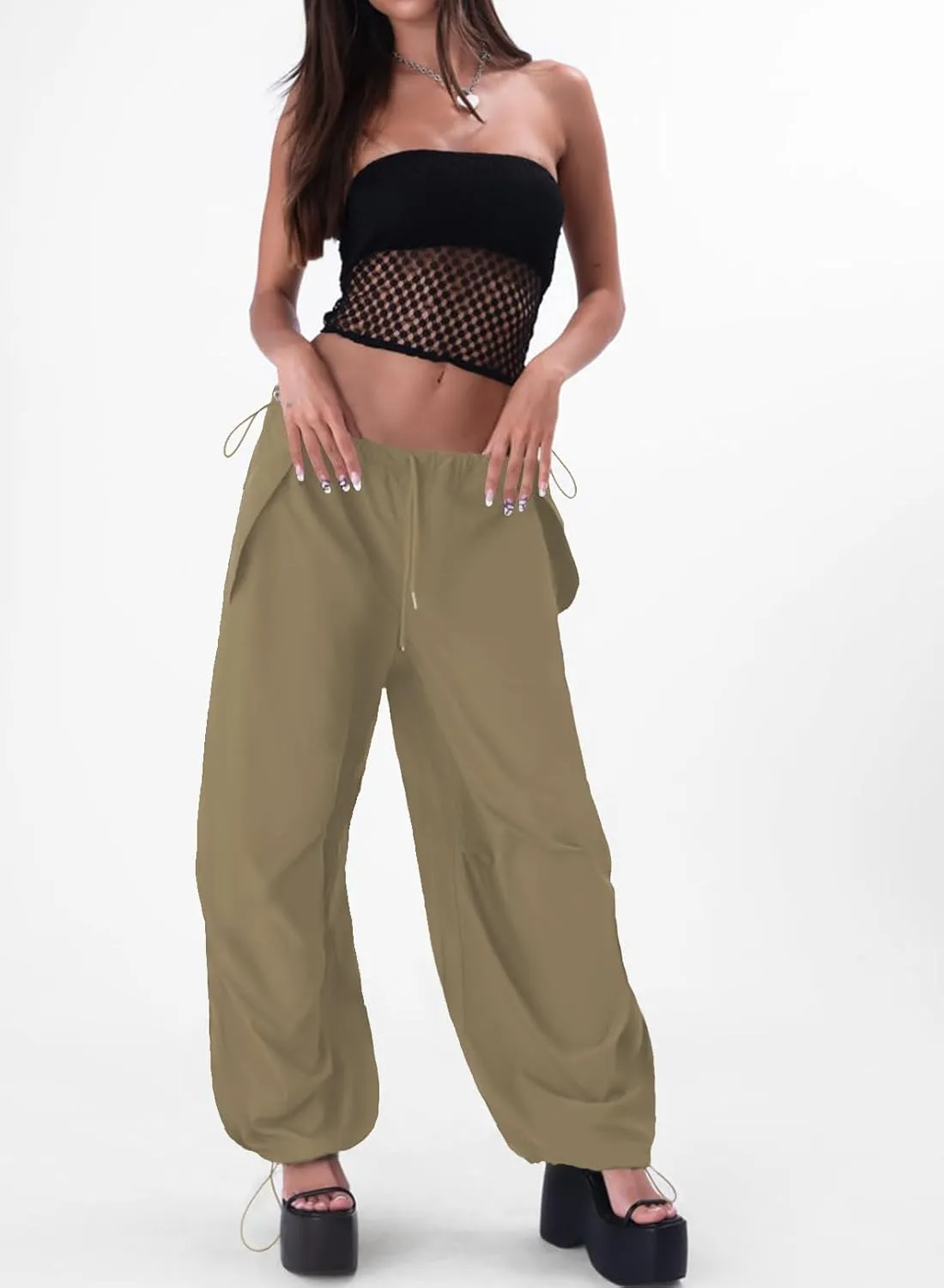 ONIRIKE Womens Parachute Pants Drawstring Elastic Low Waist Sweatpants Loose Baggy Y2K Cargo Pants Trousers with Pockets