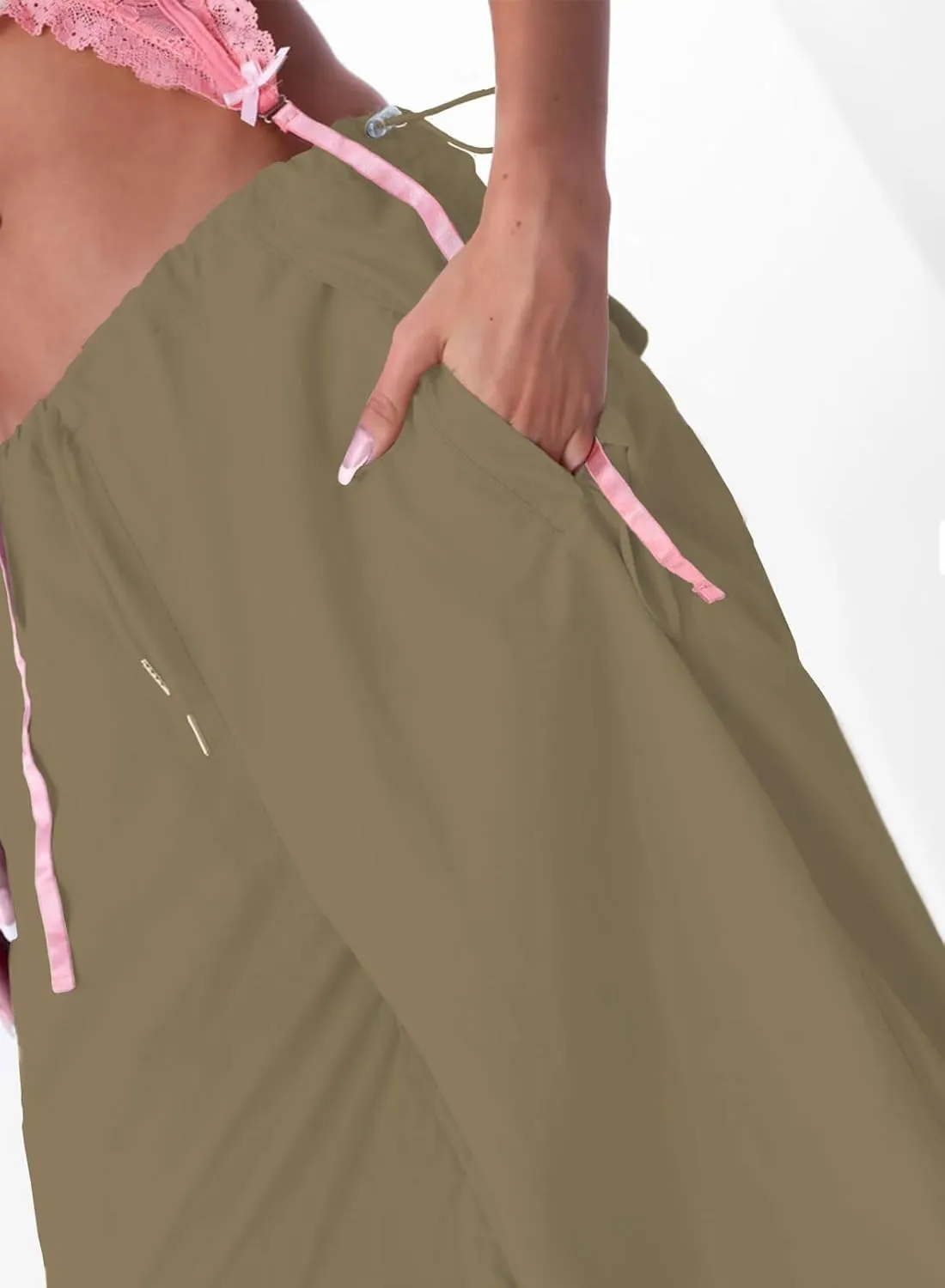 ONIRIKE Womens Parachute Pants Drawstring Elastic Low Waist Sweatpants Loose Baggy Y2K Cargo Pants Trousers with Pockets