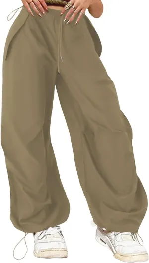 ONIRIKE Womens Parachute Pants Drawstring Elastic Low Waist Sweatpants Loose Baggy Y2K Cargo Pants Trousers with Pockets
